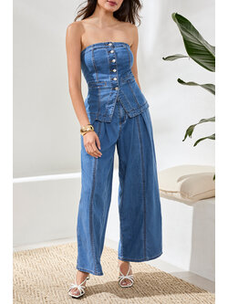 Tribal BTN DOWN DENIM BUSTIER W/ SMOKING AT BACK 6182O-SS26