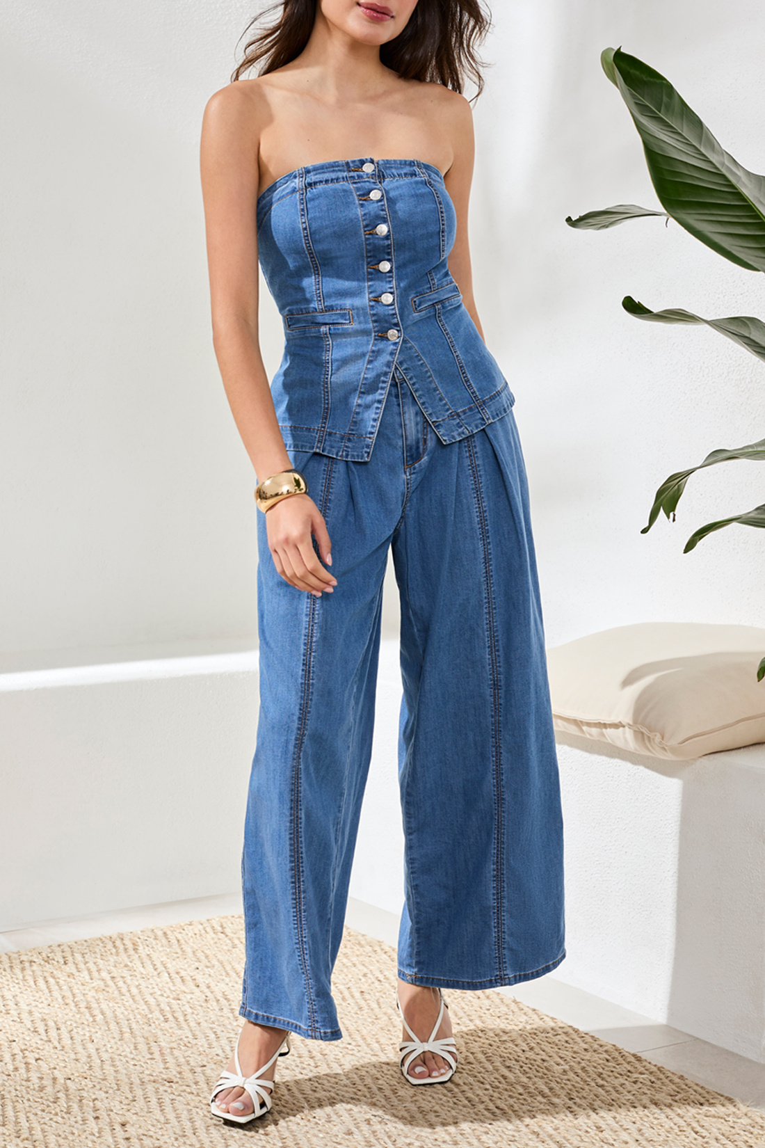 Tribal BTN DOWN DENIM BUSTIER W/ SMOKING AT BACK 6182O-SS26