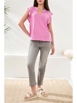 Tribal MIXED MEDIA RUFFLE SLV V-NECK TOP   6131O-SS26