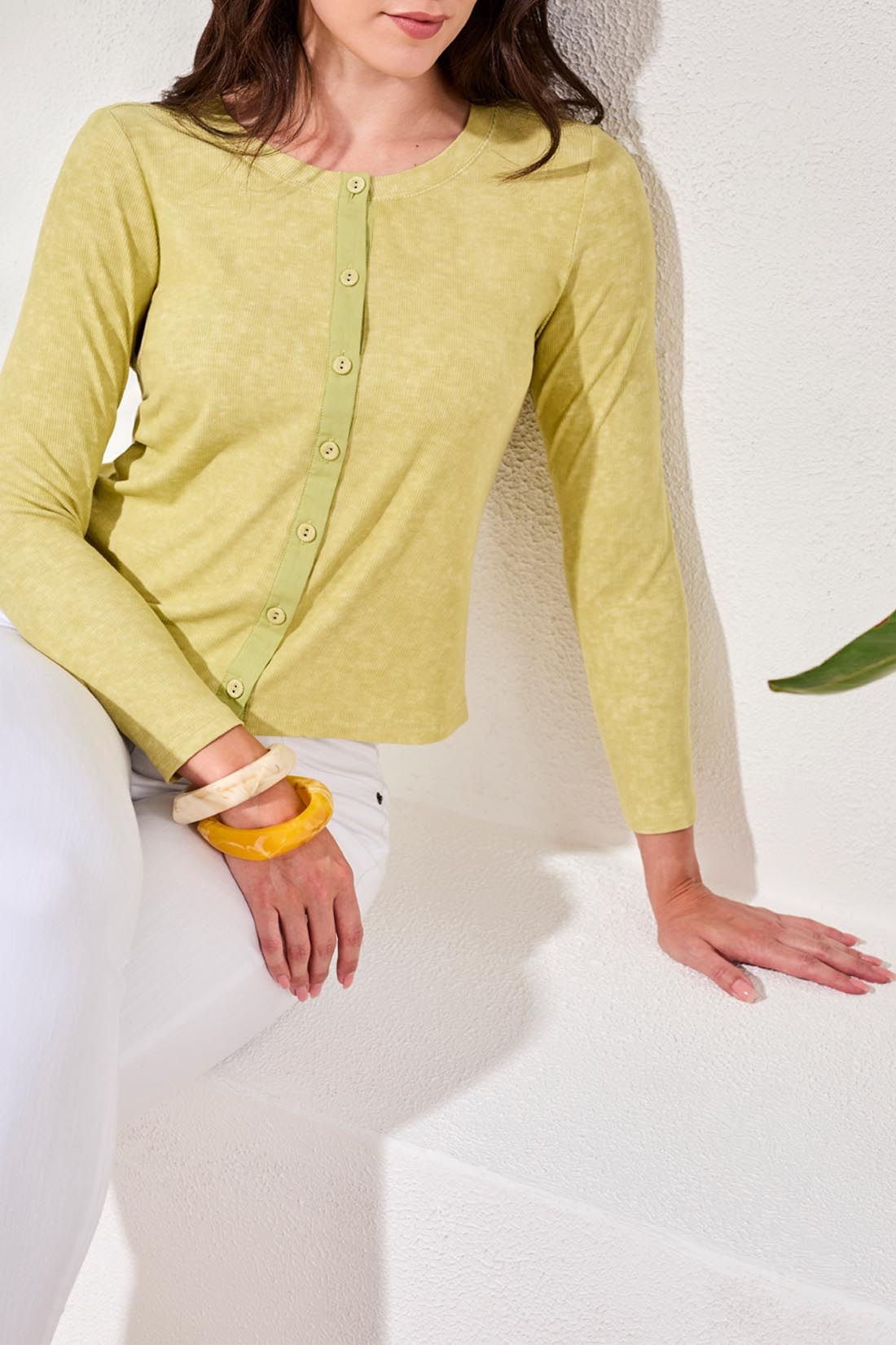 Tribal BUTTON FRONT KNIT TOP/ CARDI W/ COMBO PLACKET 6109O-SS26