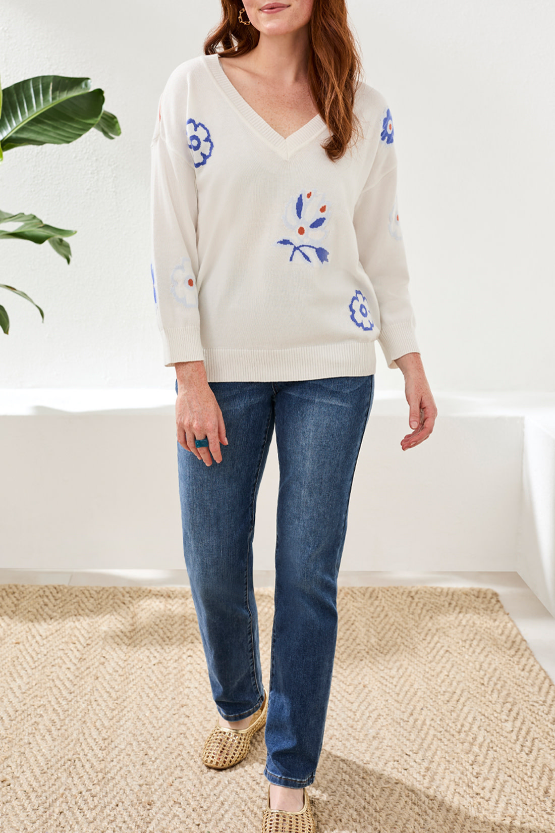 Tribal 3/4 SLV V-NECK INTARSIA  SWTR 6171O-SS26