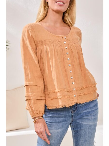 Tribal BTN FRT TIERED A-LINE BLOUSE W/ SMOCKING & RAW EDGE 6165O-SS26