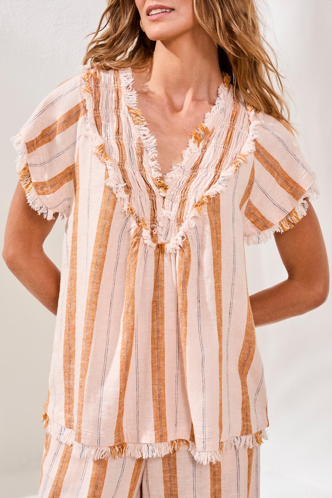 Tribal S/S BLOUSE W/ RAW EDGE & SMOCKING 6166O-SS26