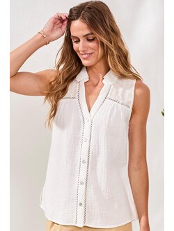 Tribal SLV/LESS BLOUSE W/ EMBROIDERED YOKE 6164O-SS26