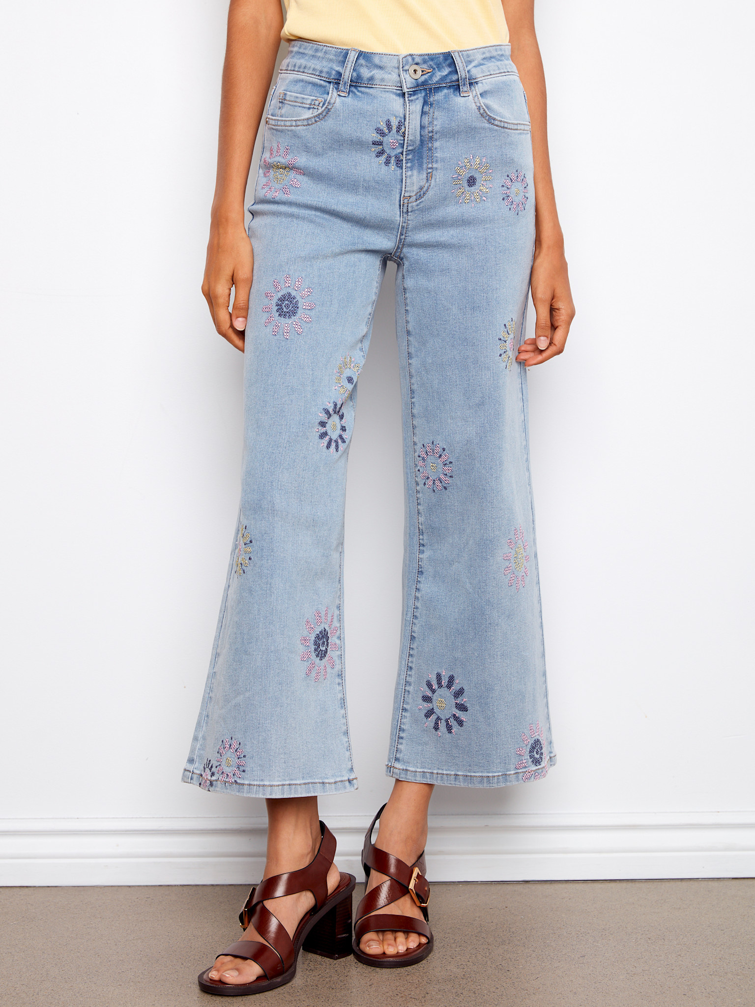 Charlie B Wide Leg Stretch Denim Pants With All Over Pixelated Flower Embroidery C5779/431A SS26