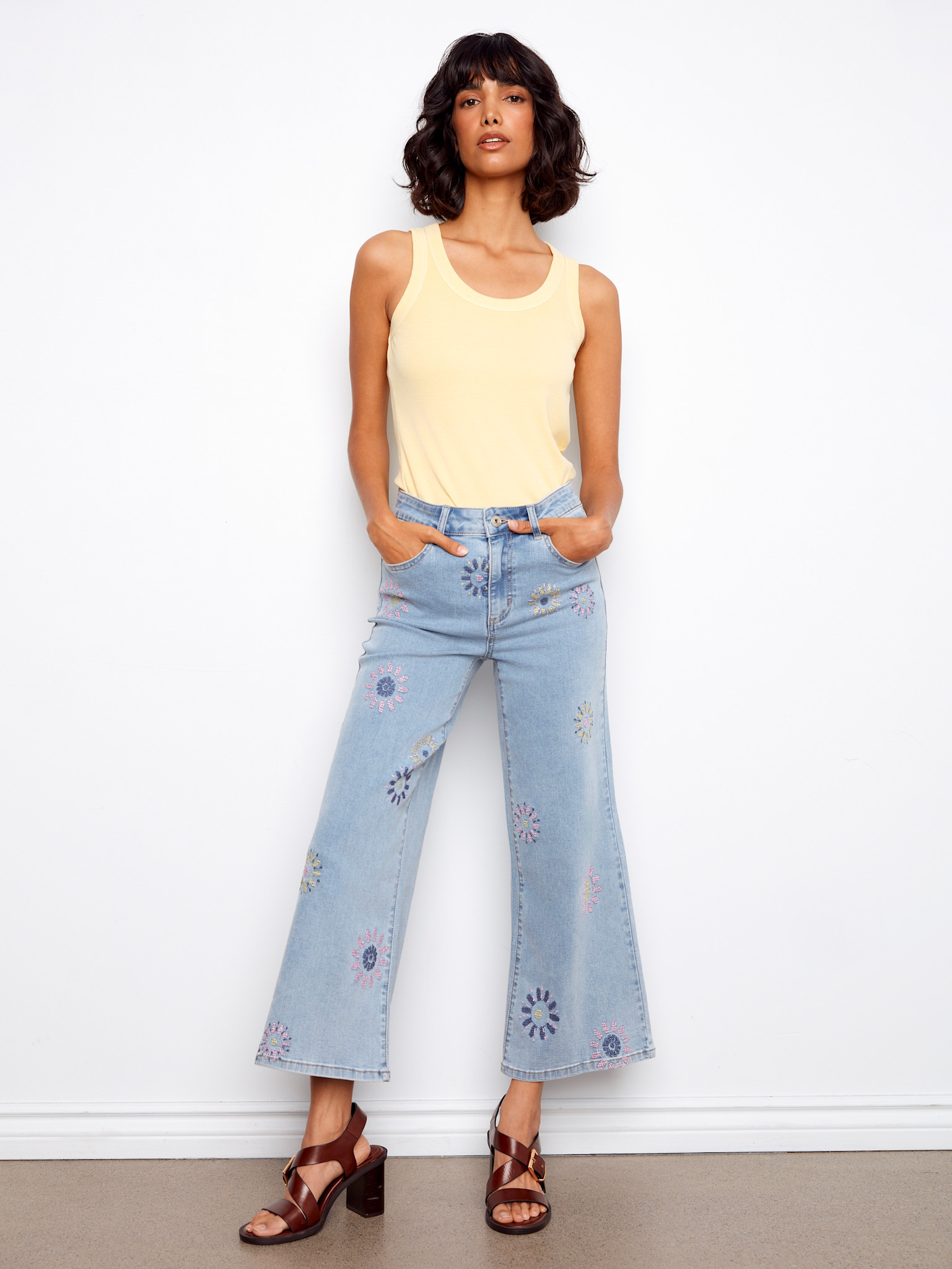 Charlie B Wide Leg Stretch Denim Pants With All Over Pixelated Flower Embroidery C5779/431A SS26