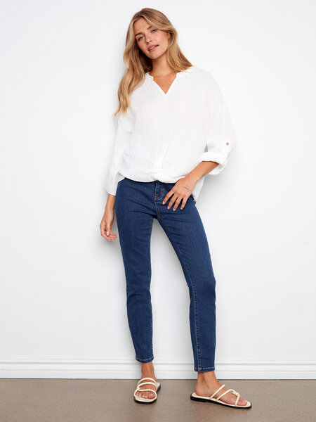 Charlie B Long Roll Up Sleeve Split Neck Blouse With Front Knot Detail C4495RR/050C SS26