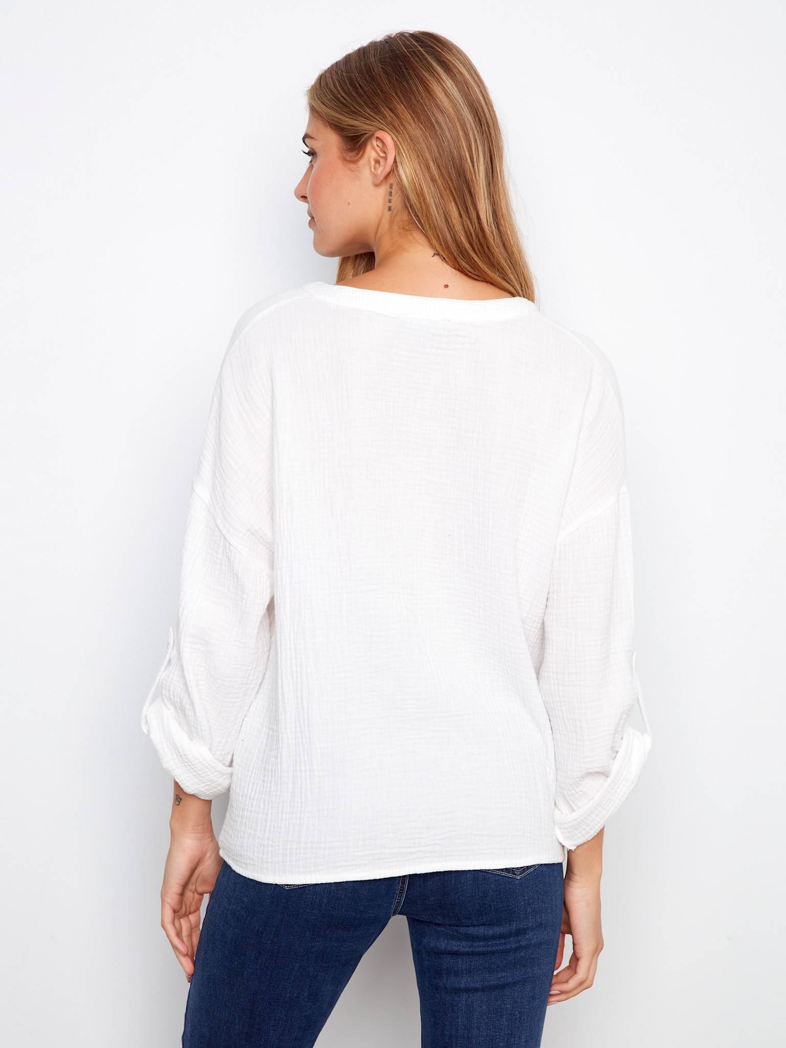 Charlie B Long Roll Up Sleeve Split Neck Blouse With Front Knot Detail C4495RR/050C SS26