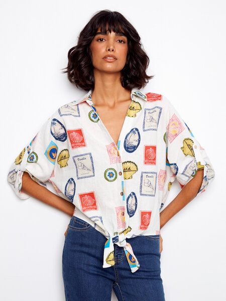 Charlie B Printed Front Tie Button-Front Blouse With Ruched-Up Sleeves C4637X/229B SS26