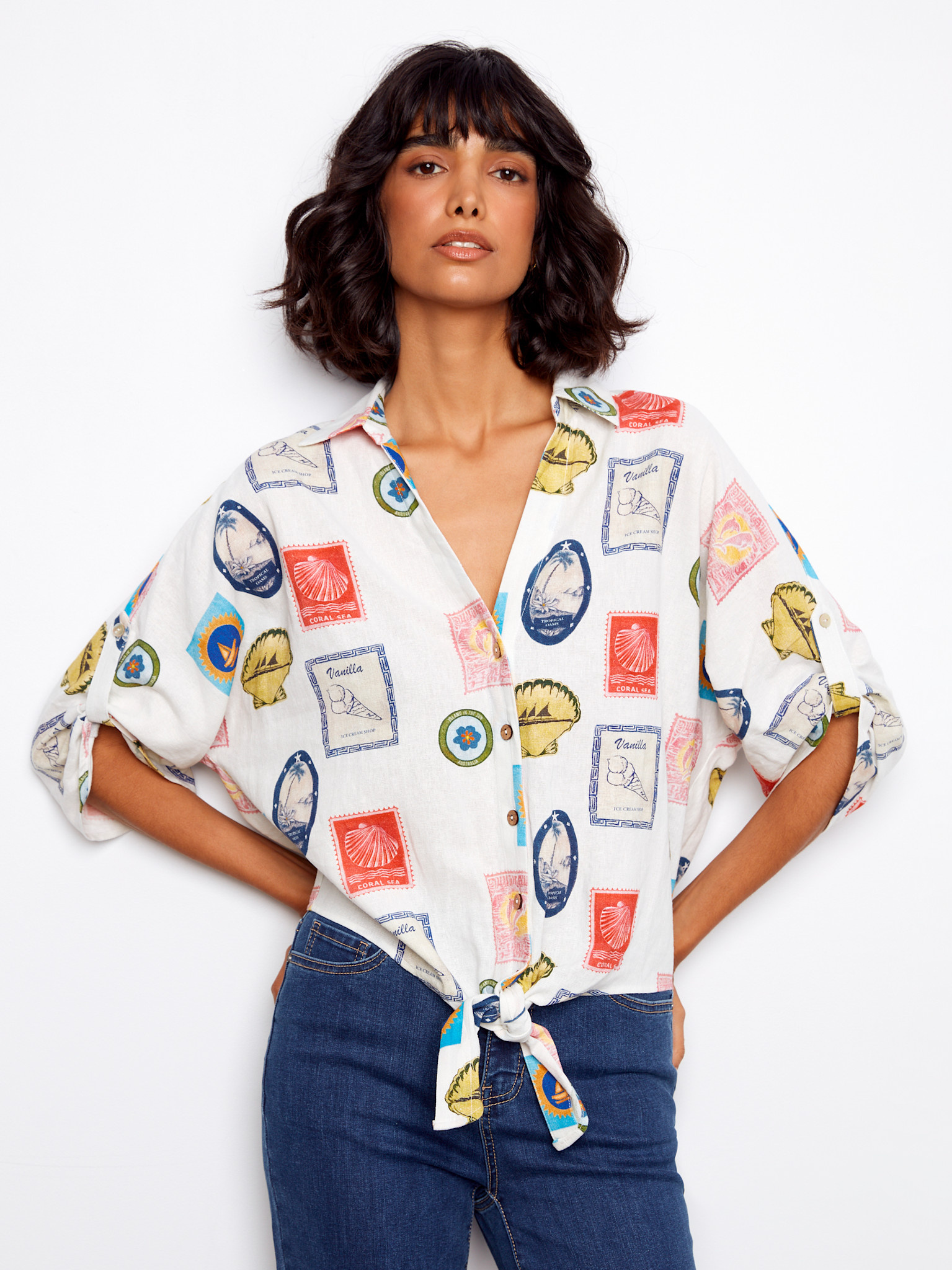 Charlie B Printed Front Tie Button-Front Blouse With Ruched-Up Sleeves C4637X/229B SS26