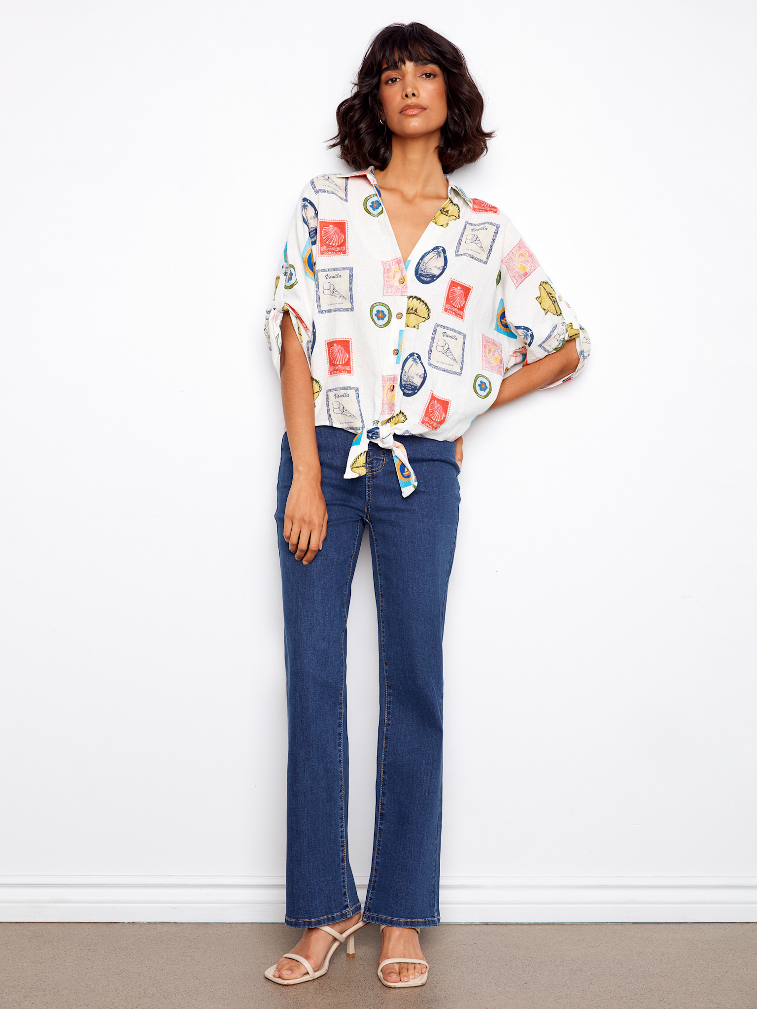 Charlie B Printed Front Tie Button-Front Blouse With Ruched-Up Sleeves C4637X/229B SS26