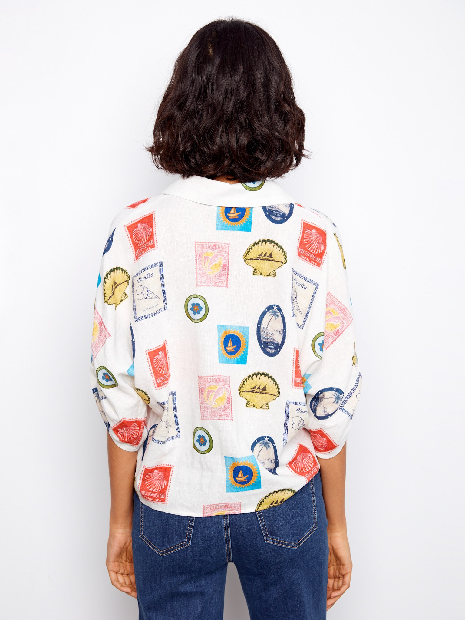 Charlie B Printed Front Tie Button-Front Blouse With Ruched-Up Sleeves C4637X/229B SS26