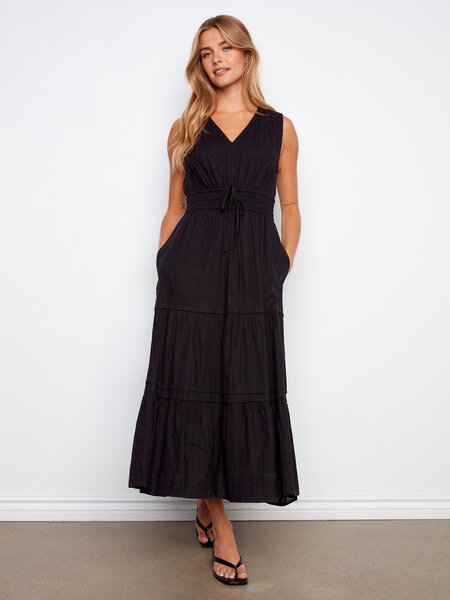 Charlie B V-Neck Multi-Tiered Long Linen Dress SS26 C3221