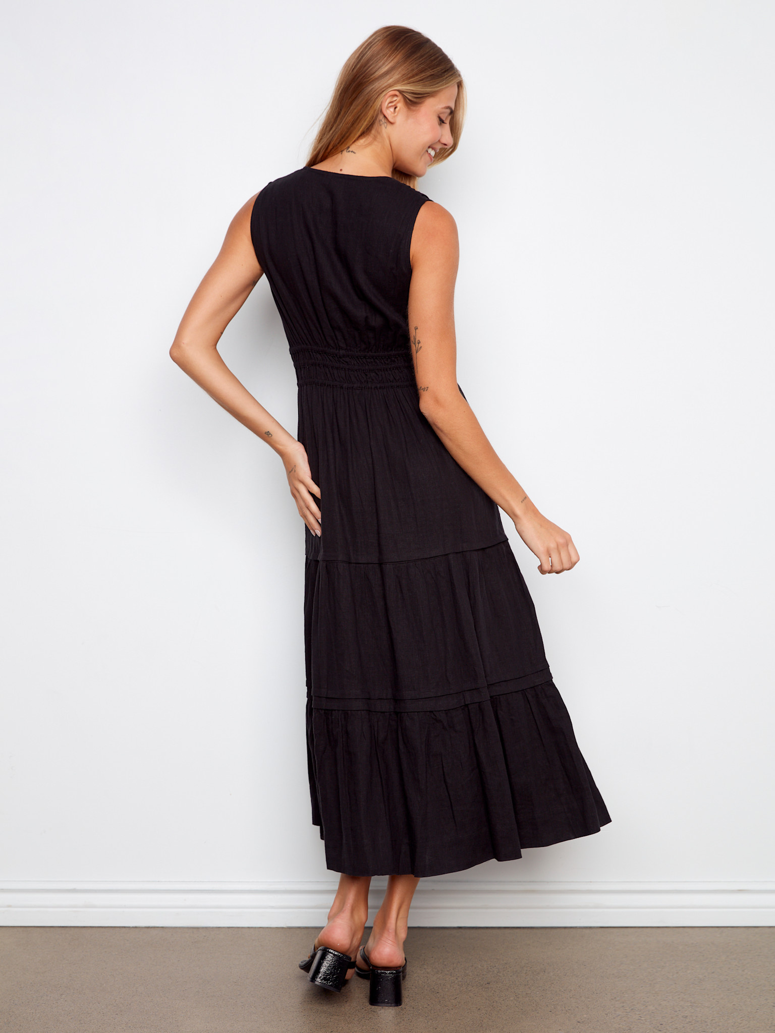 Charlie B V-Neck Multi-Tiered Long Linen Dress SS26 C3221