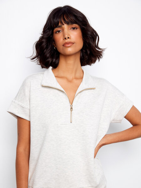 Charlie B Half-Zip Collar Top w/ Blanket Stitch SS26 C1445
