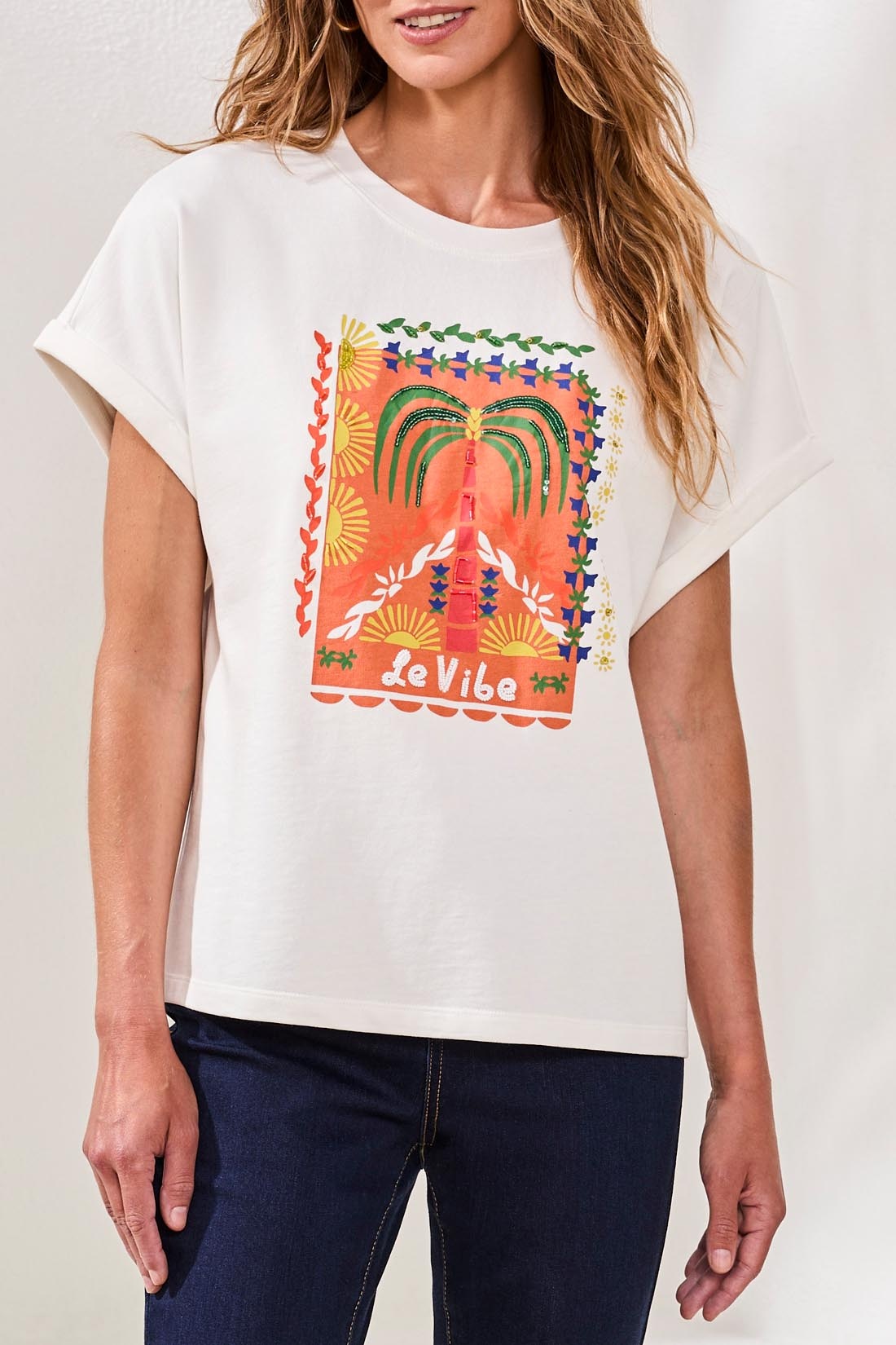 Tribal CREW DOLMAN SLV  W/ BEADED DTL PLACEMENT PRINT  6100O-SS26