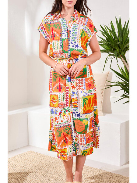 Tribal SHIRT DRESS W/ LONG SLIT & WAIST PLEATS 6163O-SS26