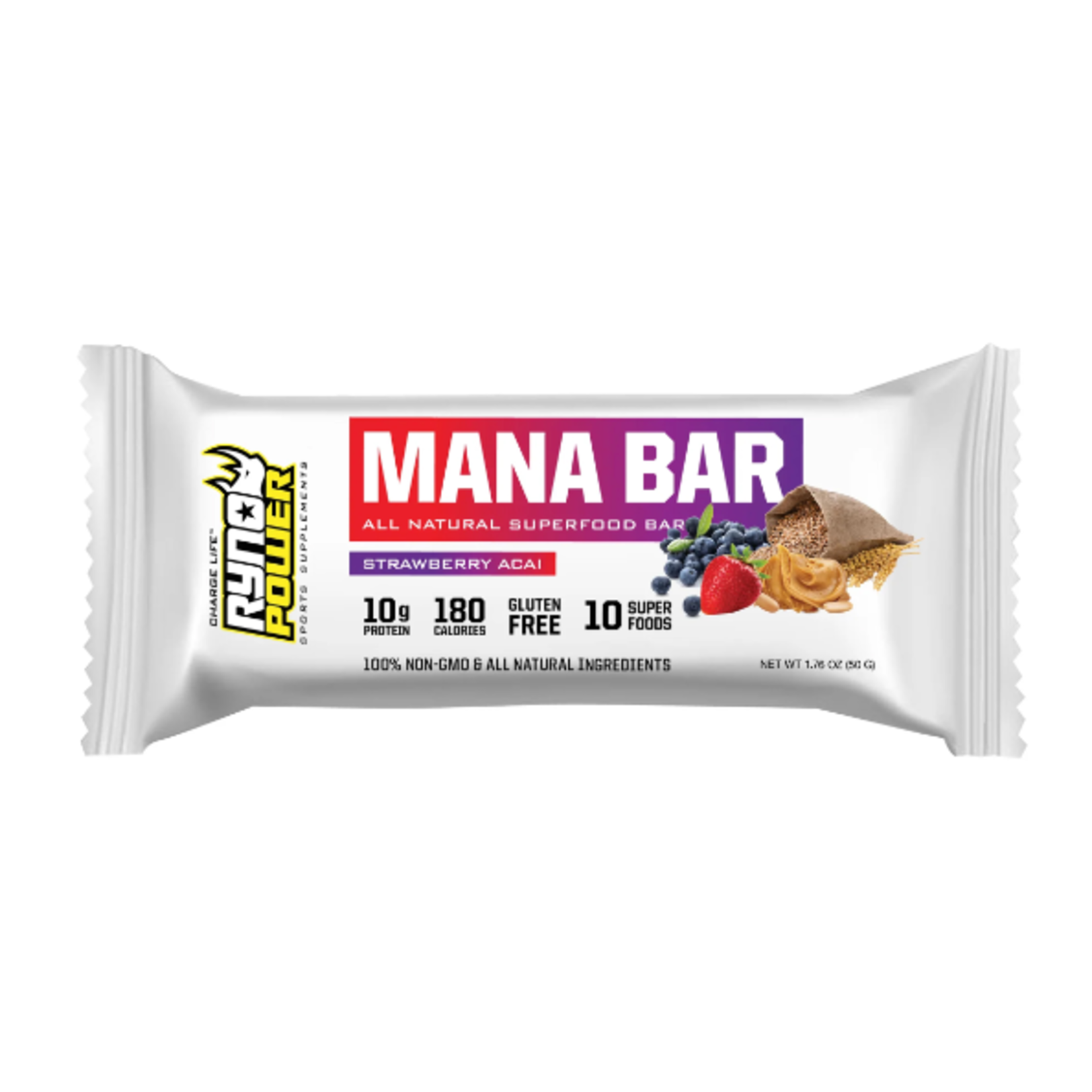 Ryno Power Mana Bar Superfood Protein Bar, 12/Box - Strawb/Acai