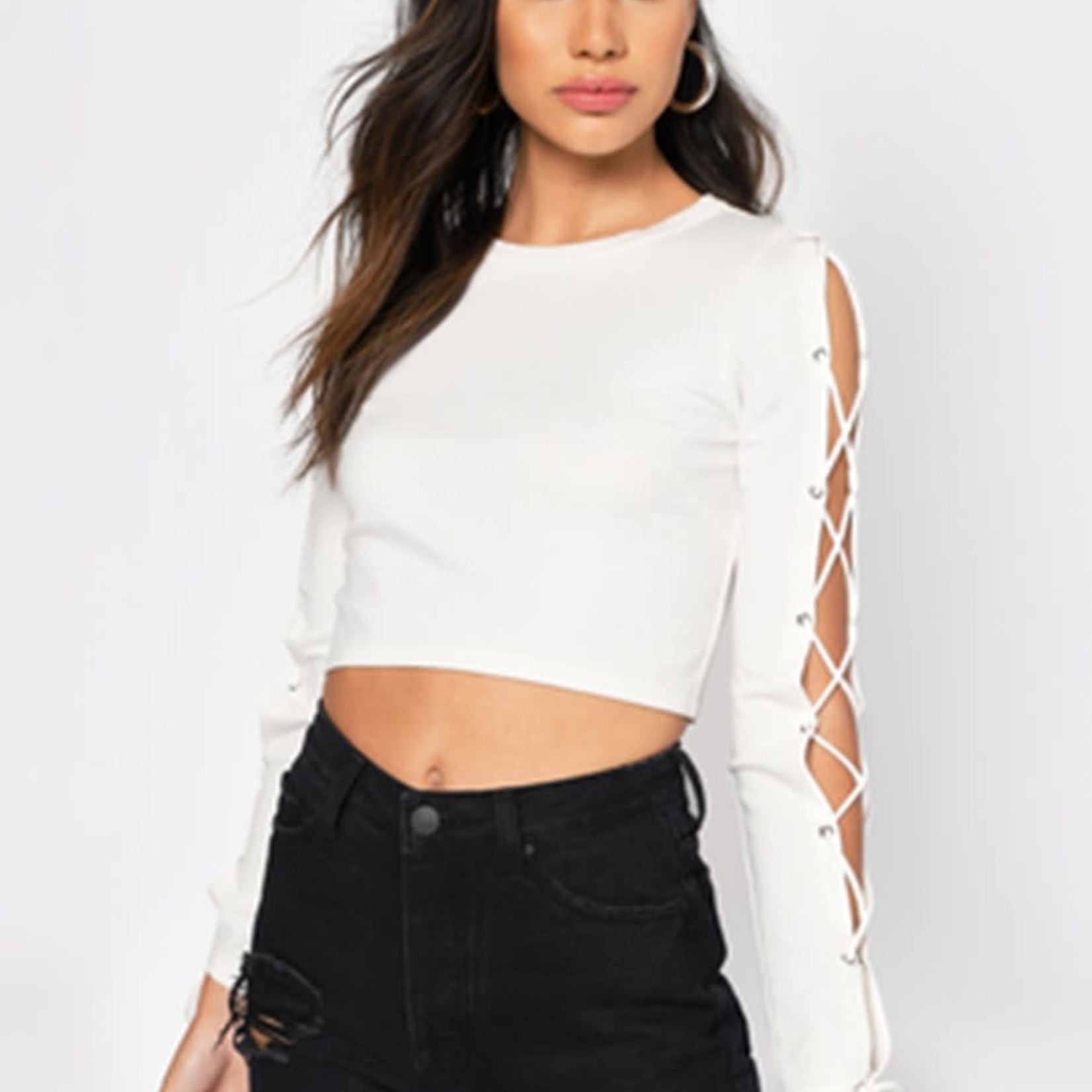 Long Sleeve Lace-Up Crop Top - L