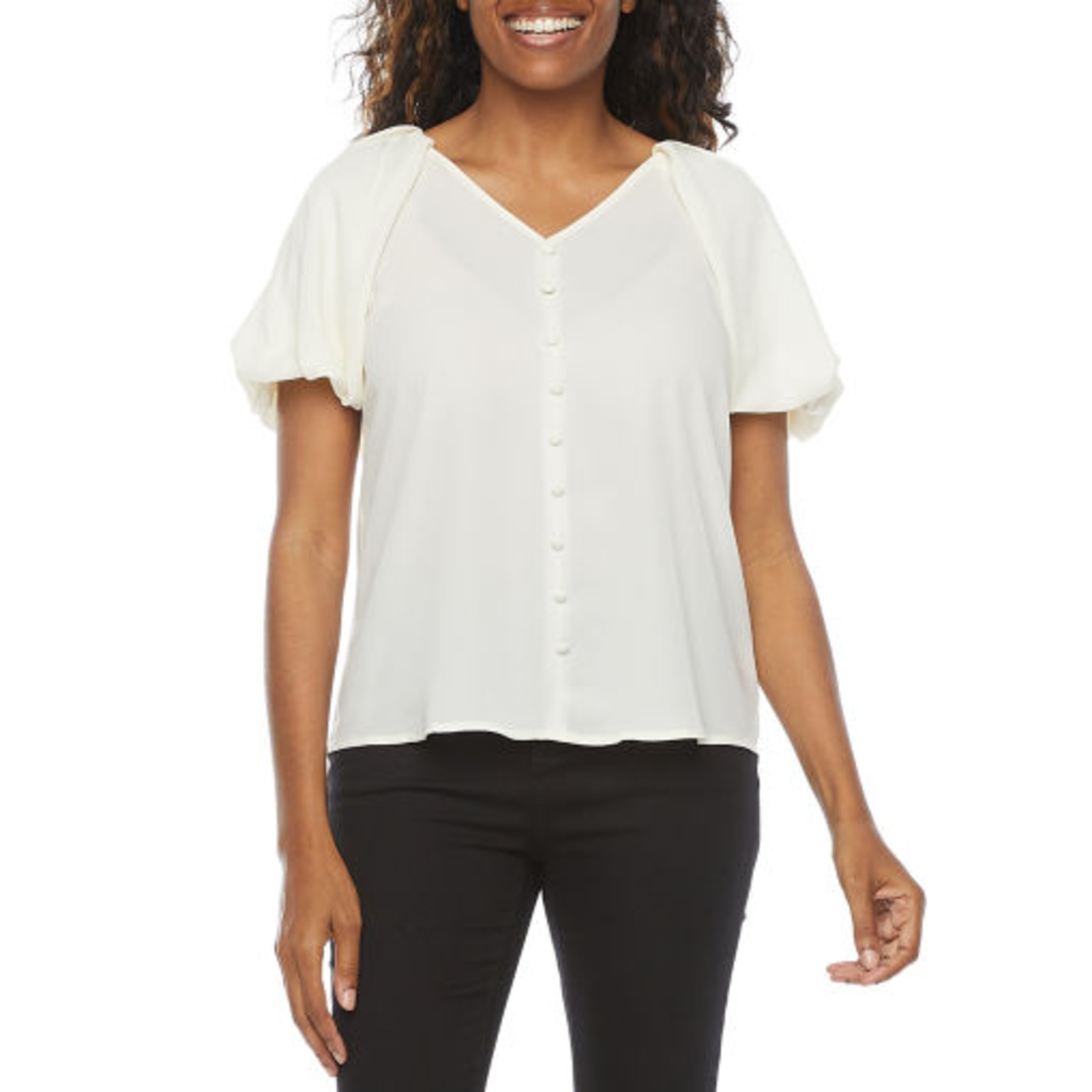 Melrose JPP  V Neck Short Sleeve Blouse  Size: XL  Color: Antique Ivory