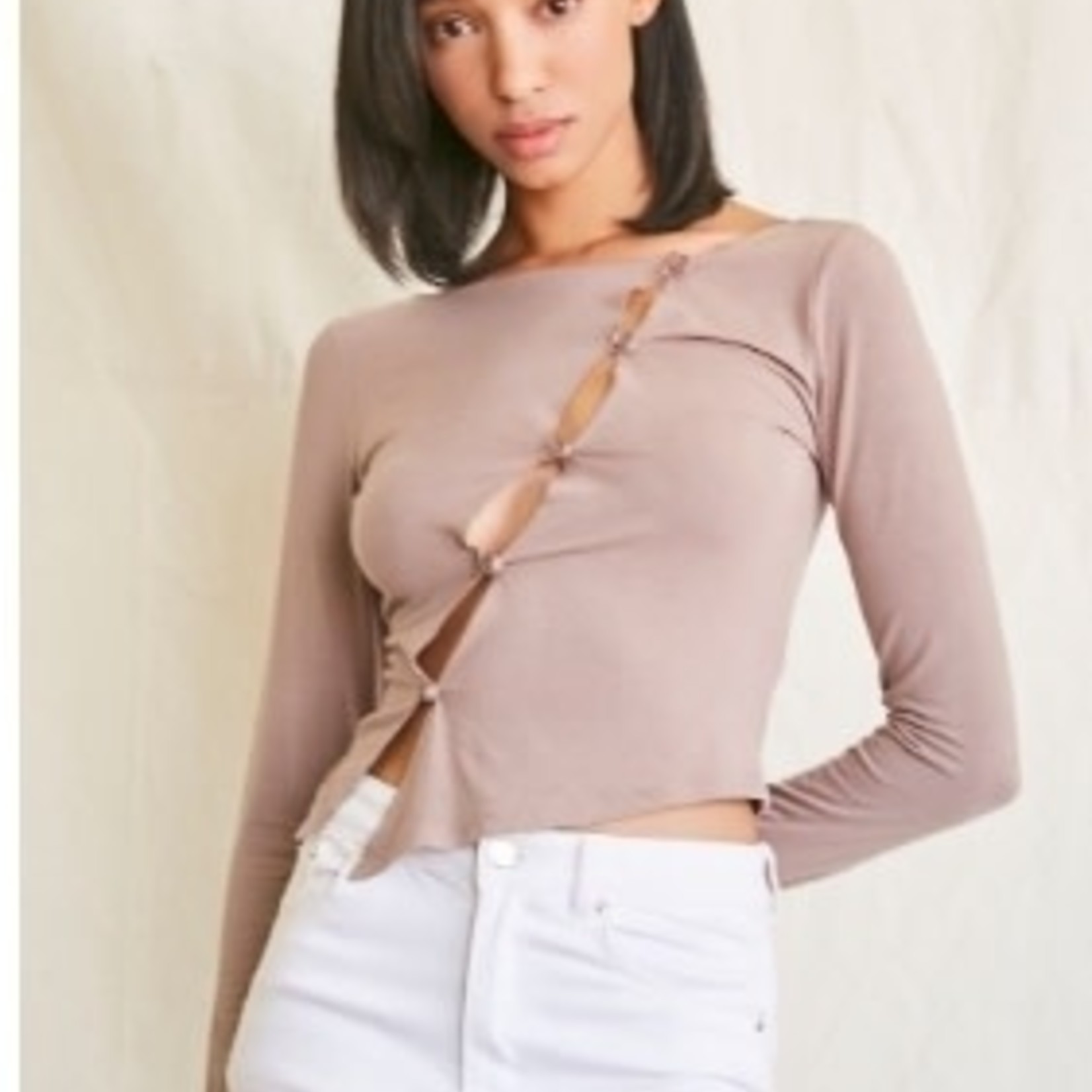 21 - Asymmetrical Buttoned Top TAUPE