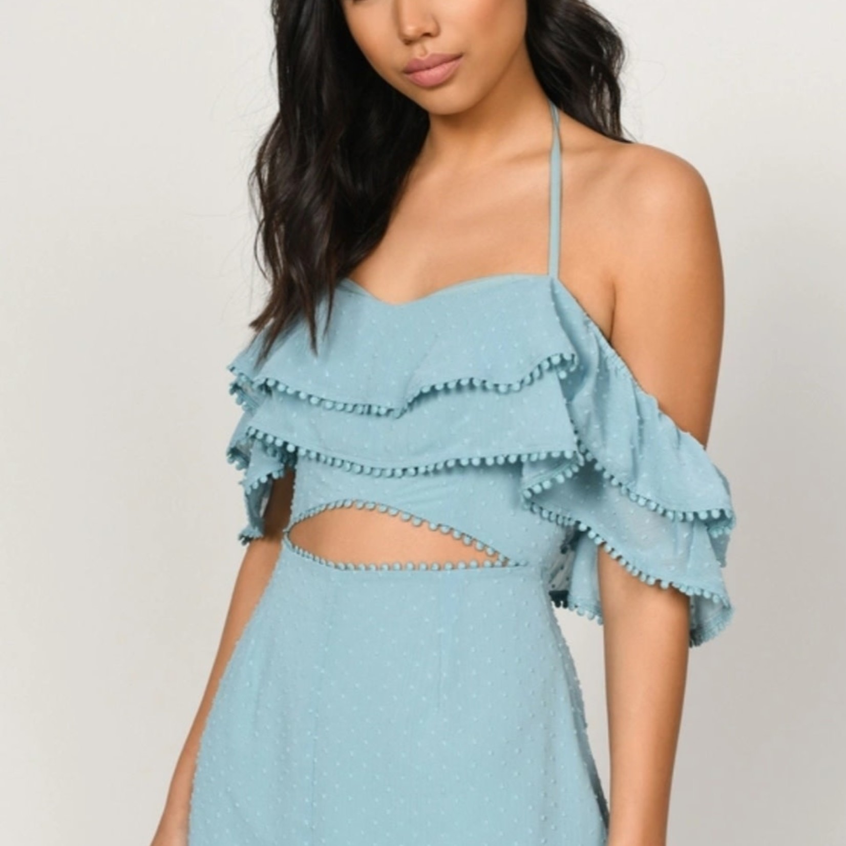 TBB - IVY BLUE OFF SHOULDER RUFFLE ROMPER