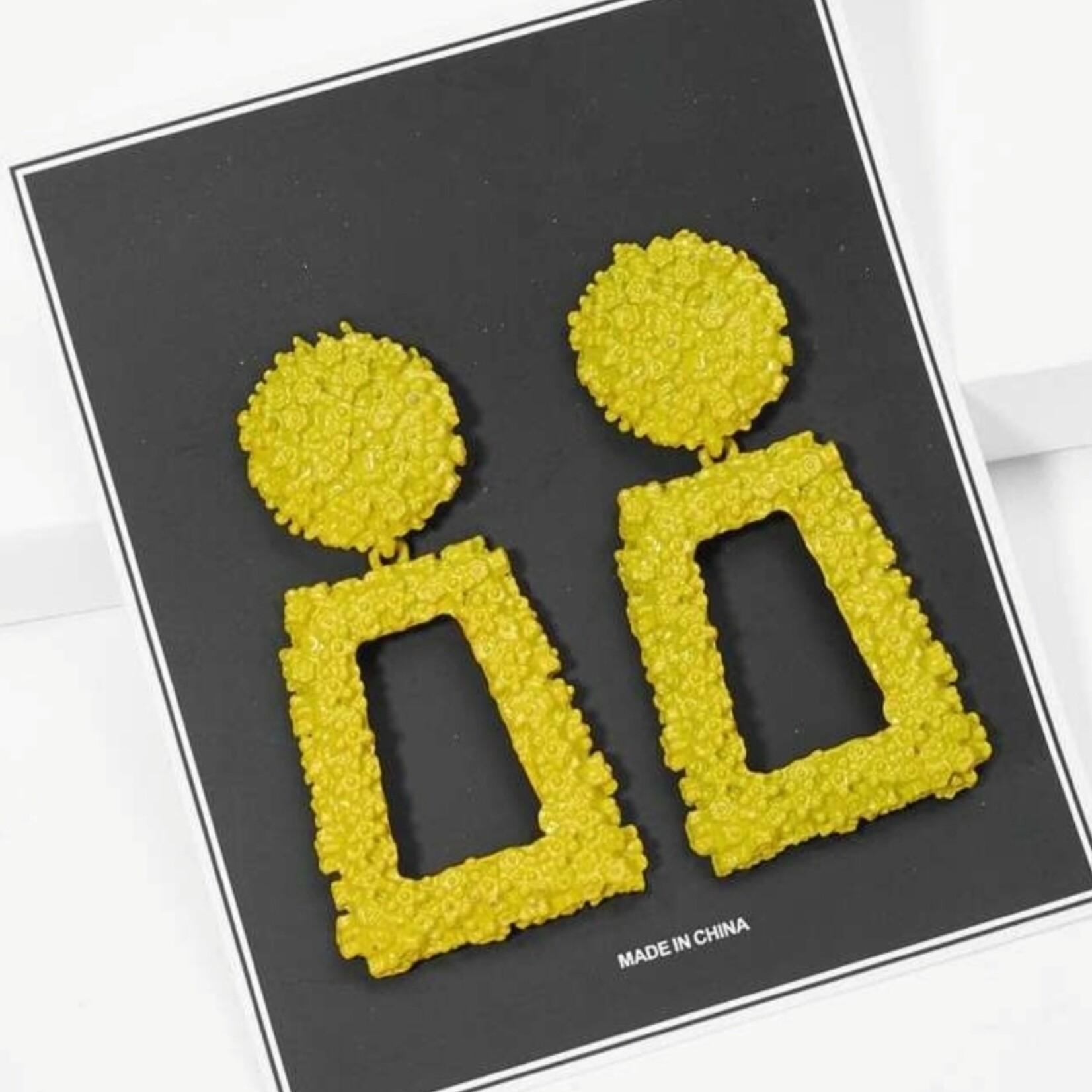EIN - Open Rectangle Textured Drop Earrings - yellow