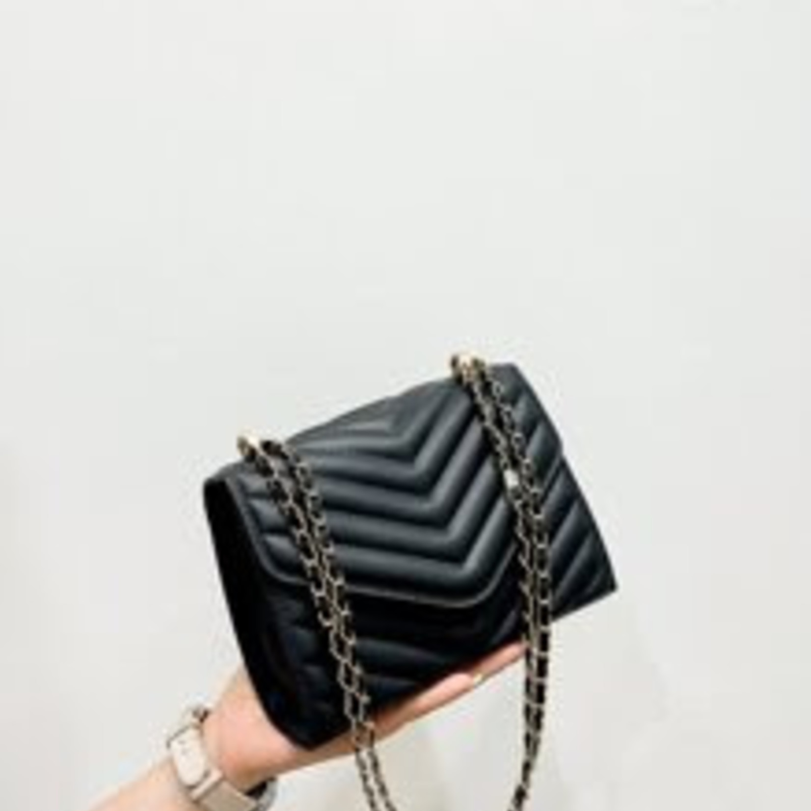 709 EIN - Mini Quilted Pattern Flap Chain Square Bag - Black