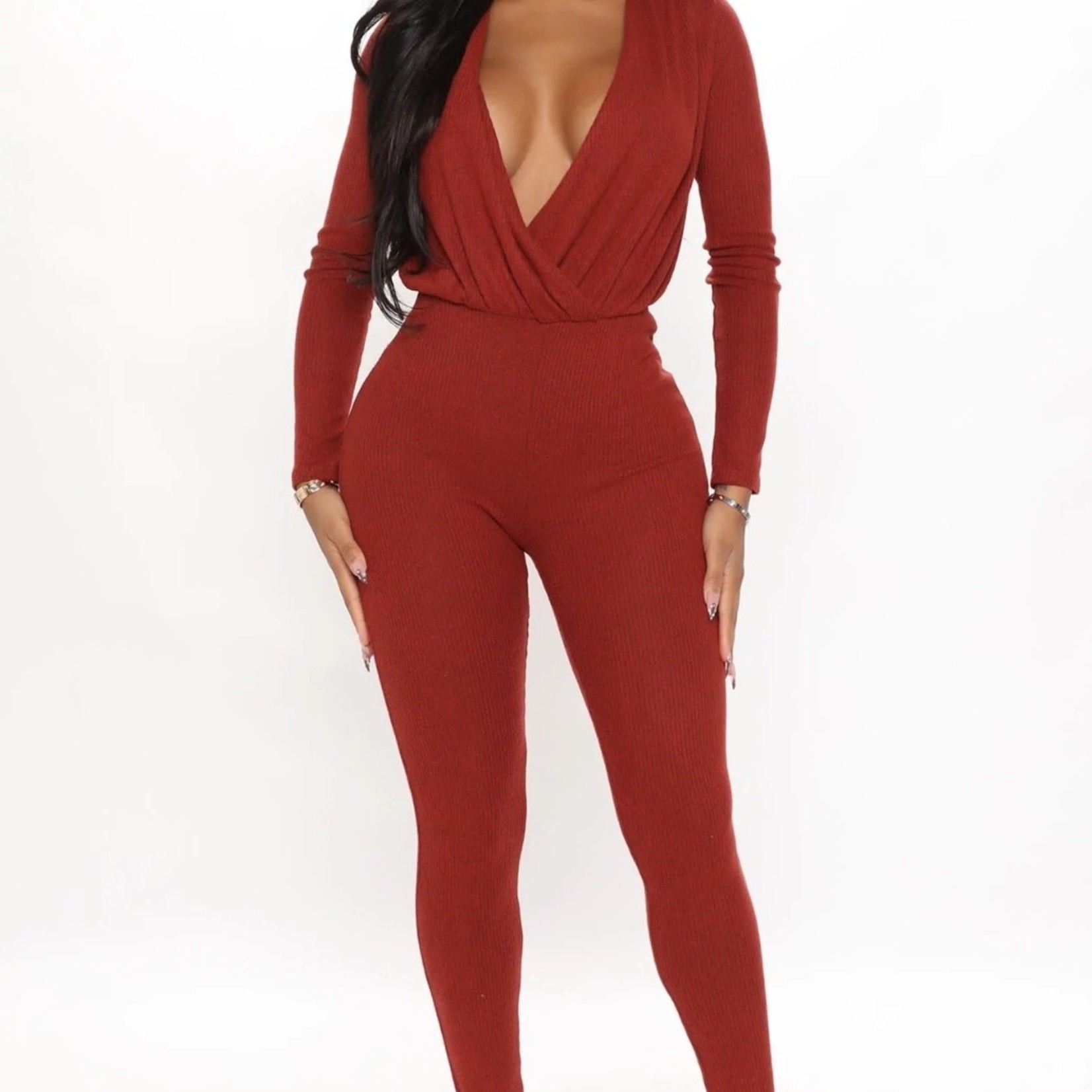 709 - FFN Keeping Things Casual Jumpsuit - Brick Red /Size: 1X