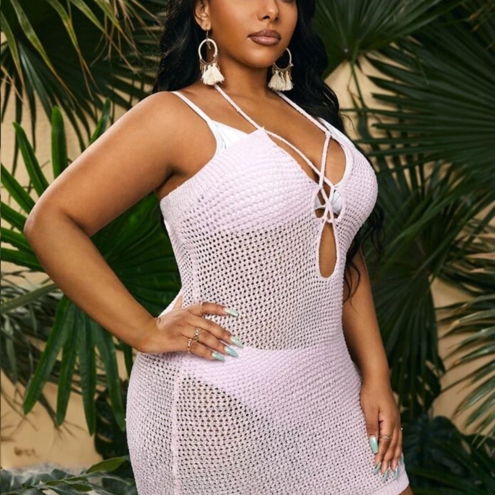 722 - SXY Plus Cut Out Tie Back Cover Up Without Bikini - Baby Pink / 18