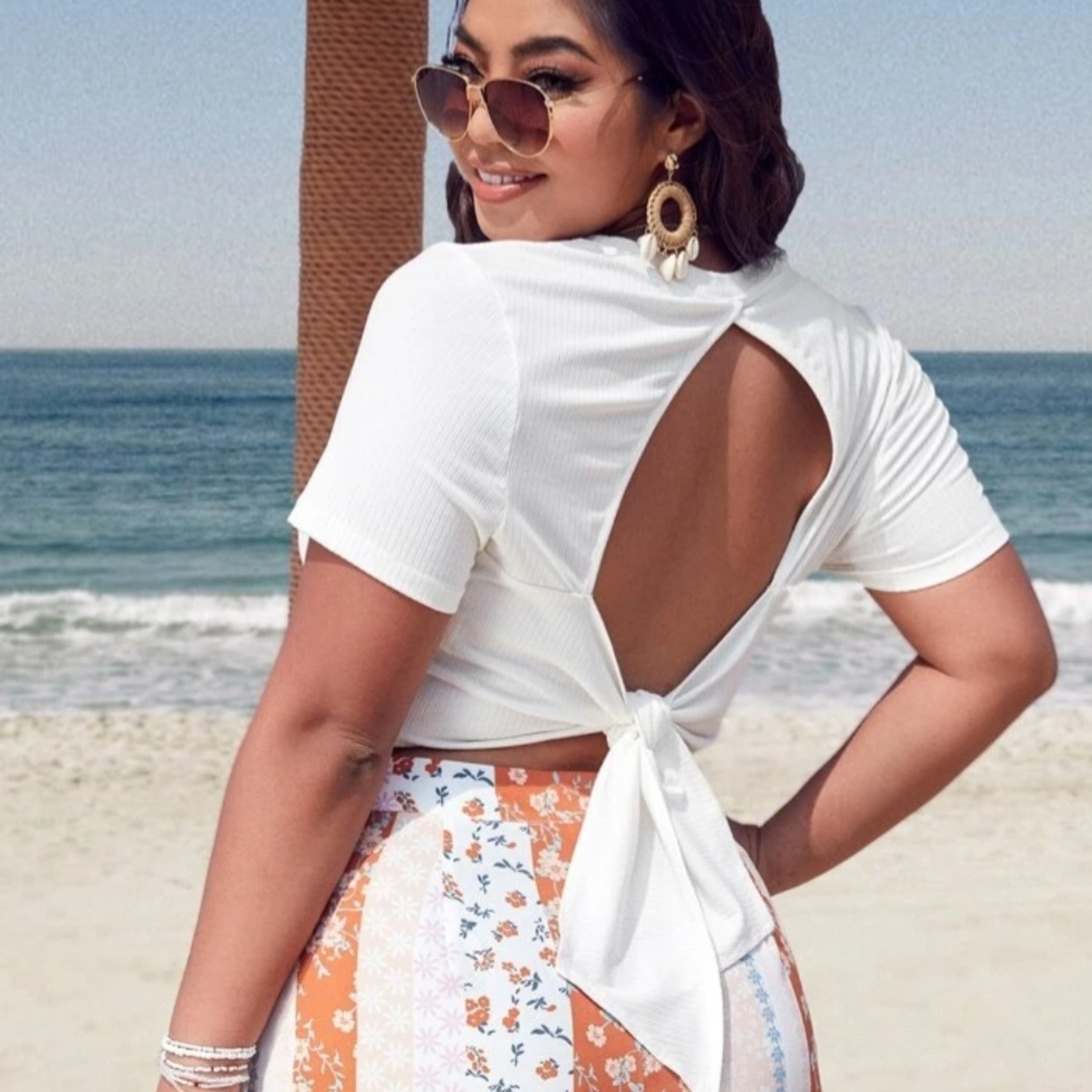722 - EIN Plus Cut Out Tie Back Crop Tee - White / 18