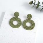 108 - Floral Leaf Pattern Polymer Clay Drop Earrings - Double Oval Green