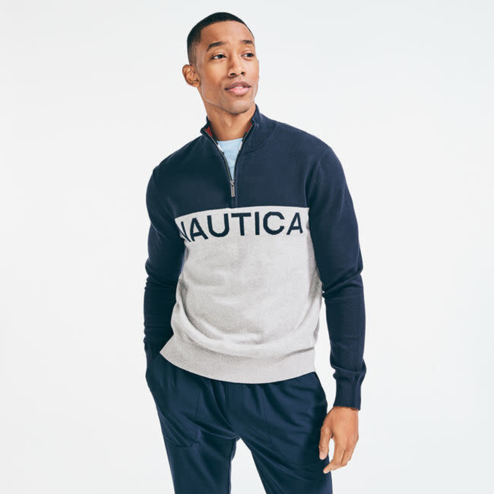 NAUTI CLASSIC FIT COLORBLOCK LOGO QUARTER-ZIP SWEATER
