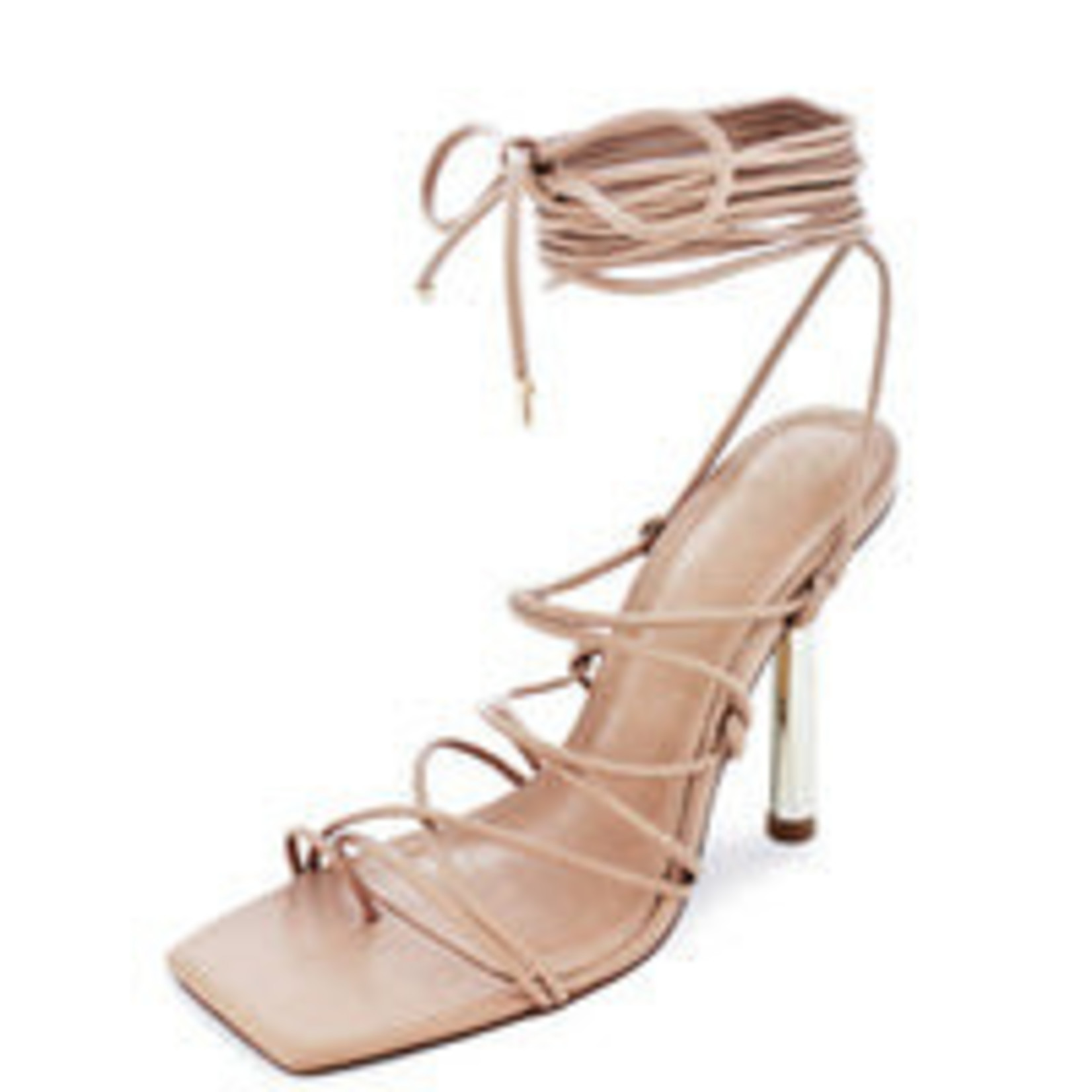 1124 - Lenny03 Nude Square Open Toe Strappy Ankle Wrap Heel - 9 / Nude