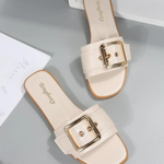 0512  | EIN - "Buckle Decor Stitch Detail Slide Sandals  Beige / US8.5"