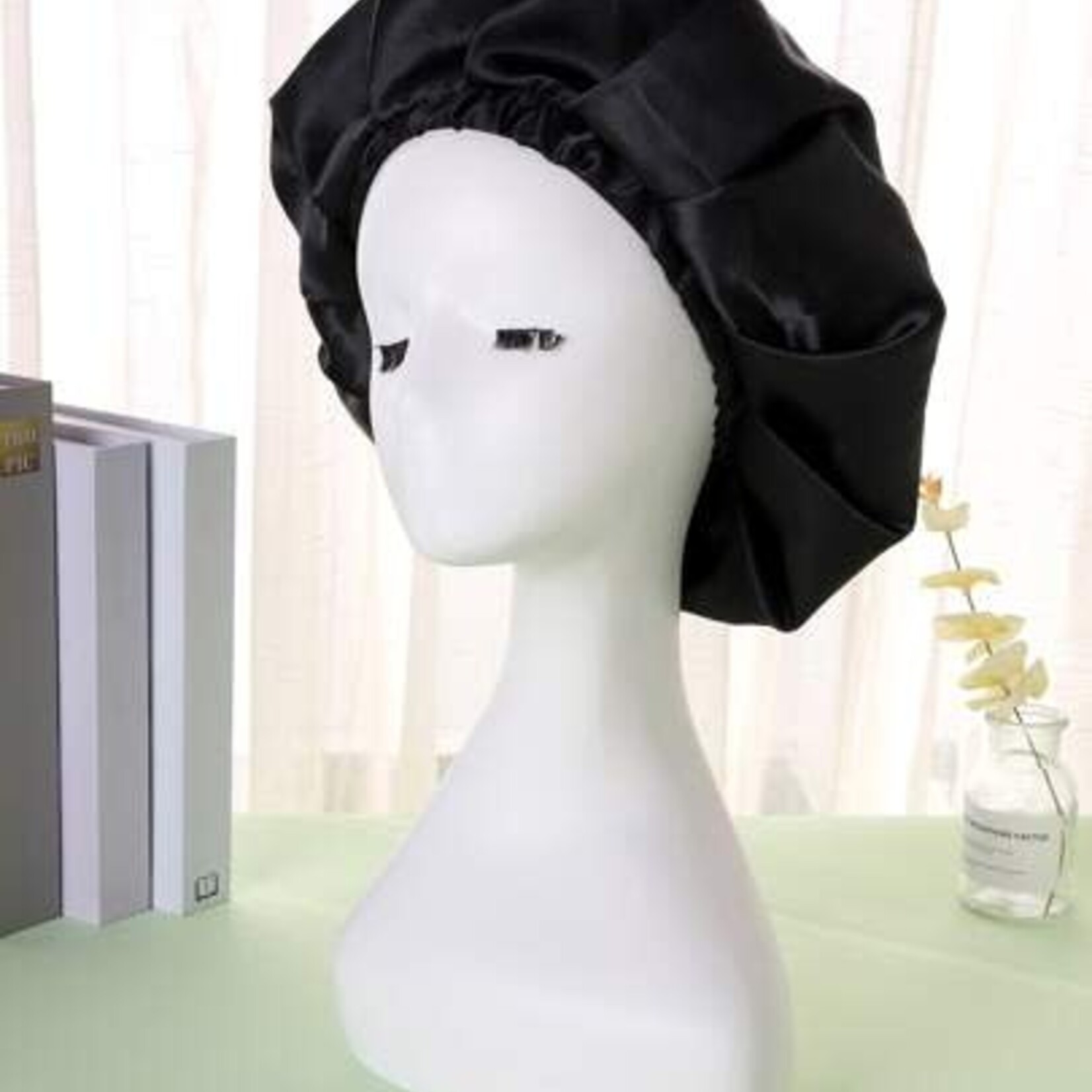 0512 - Breathable, Elastic Band Satin Sleep Cap Black - Large