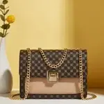 0609 |  EIN - BETTY | Mini Geometric Pattern Chain Flap Square Bag - Tan/Brown
