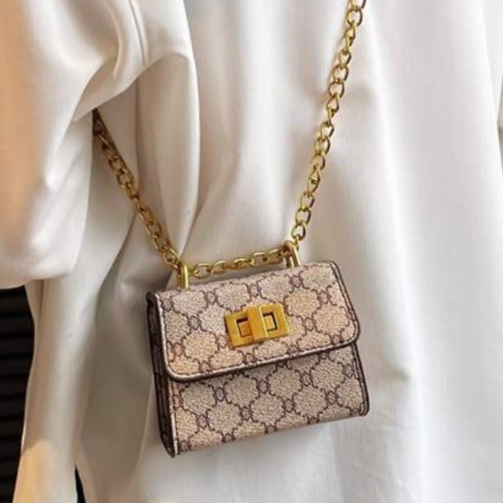0819  - EIN | HUA - Geometric Pattern Chain Mini  Turn Lock Square Bag  (SMALL)