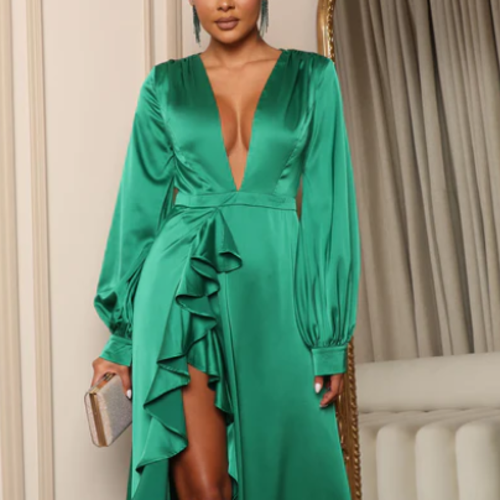 0424 | FFN | Joelle Satin Maxi Dress - Green: M