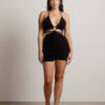 0605 |TBB | Kiss Me Halter Cutout Waist Tie Romper M / Black