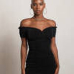 0605 TBB | Stay Around Metallic Ruched Off Shoulder Bodycon Dress M / Black