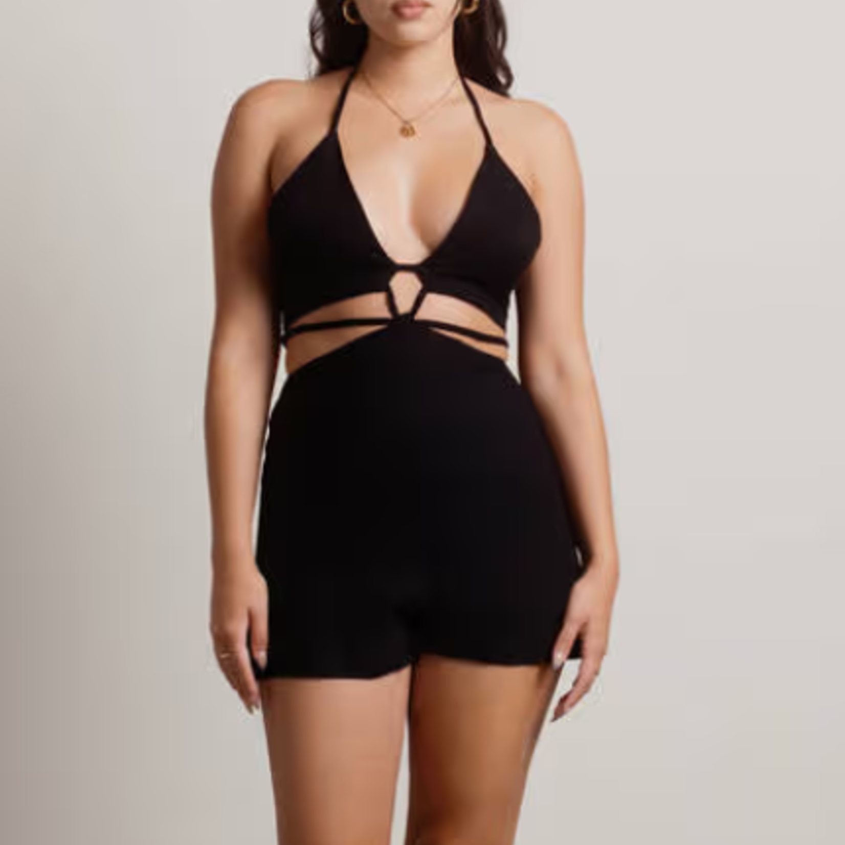 0605 |TBB | Kiss Me Halter Cutout Waist Tie Romper M / Black