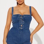 1028 | Faora Denim Romper - Dark Wash Size: S