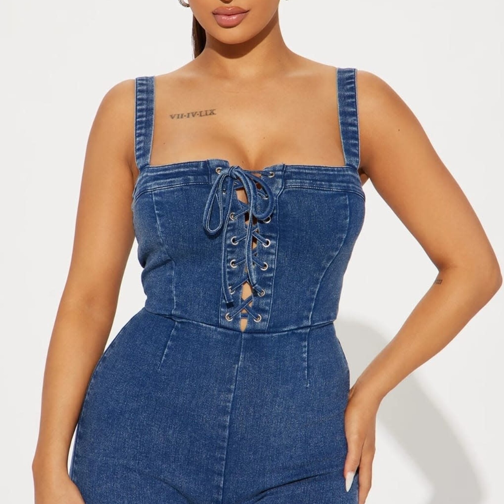 1028 | Faora Denim Romper - Dark Wash Size: S