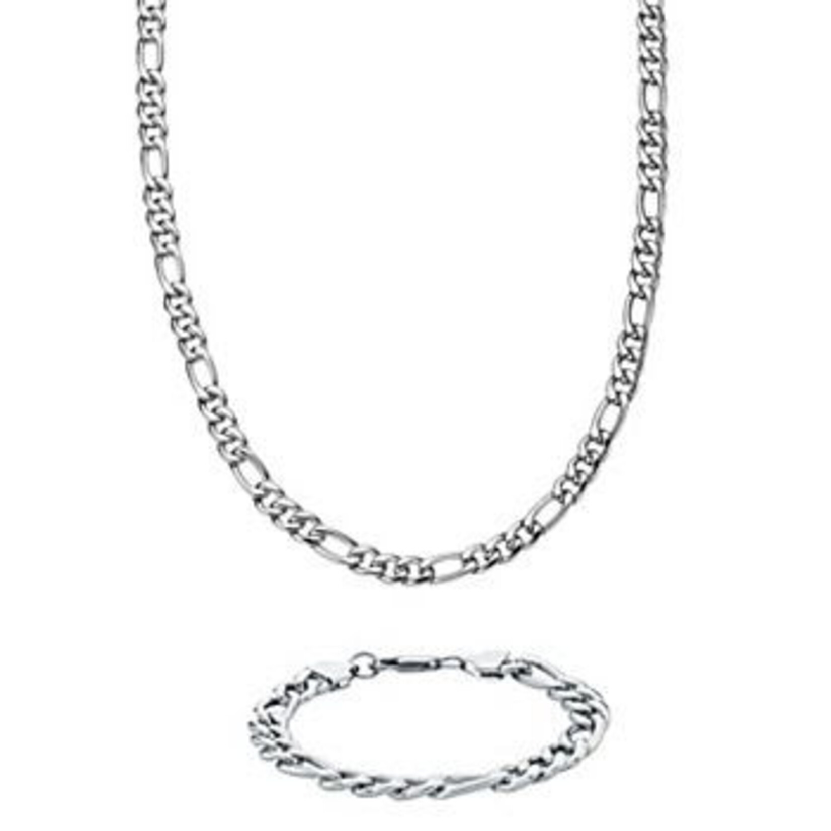 1225 | "KHL | LYNX Stainless Steel 9MM Figaro Chain Men's Bracelet and Necklace Set Color: Stainless, Size: 22"""