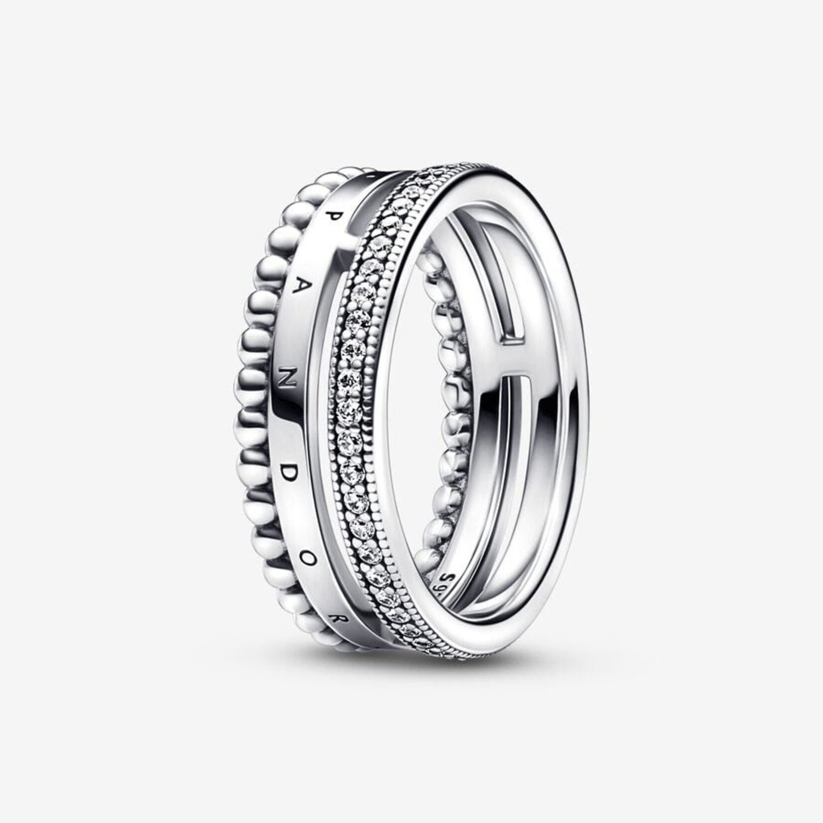 0117 | PANDORA | Authentic| (925 Sterling Silver) - Pandora Signature Logo Pavé & Beads Ring Size: 7