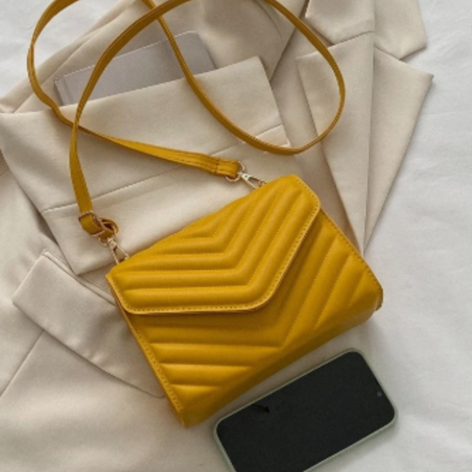 0117 | EIN |CHICMIX | Mini Chevron Quilted Flap Square Bag - Mustard Yellow