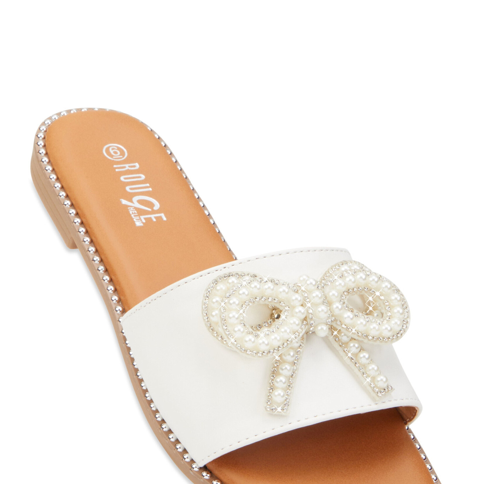 0117  | RB | Rhinestone Faux Pearl Bow Band Slide Sandals - COLOR: WHITE
