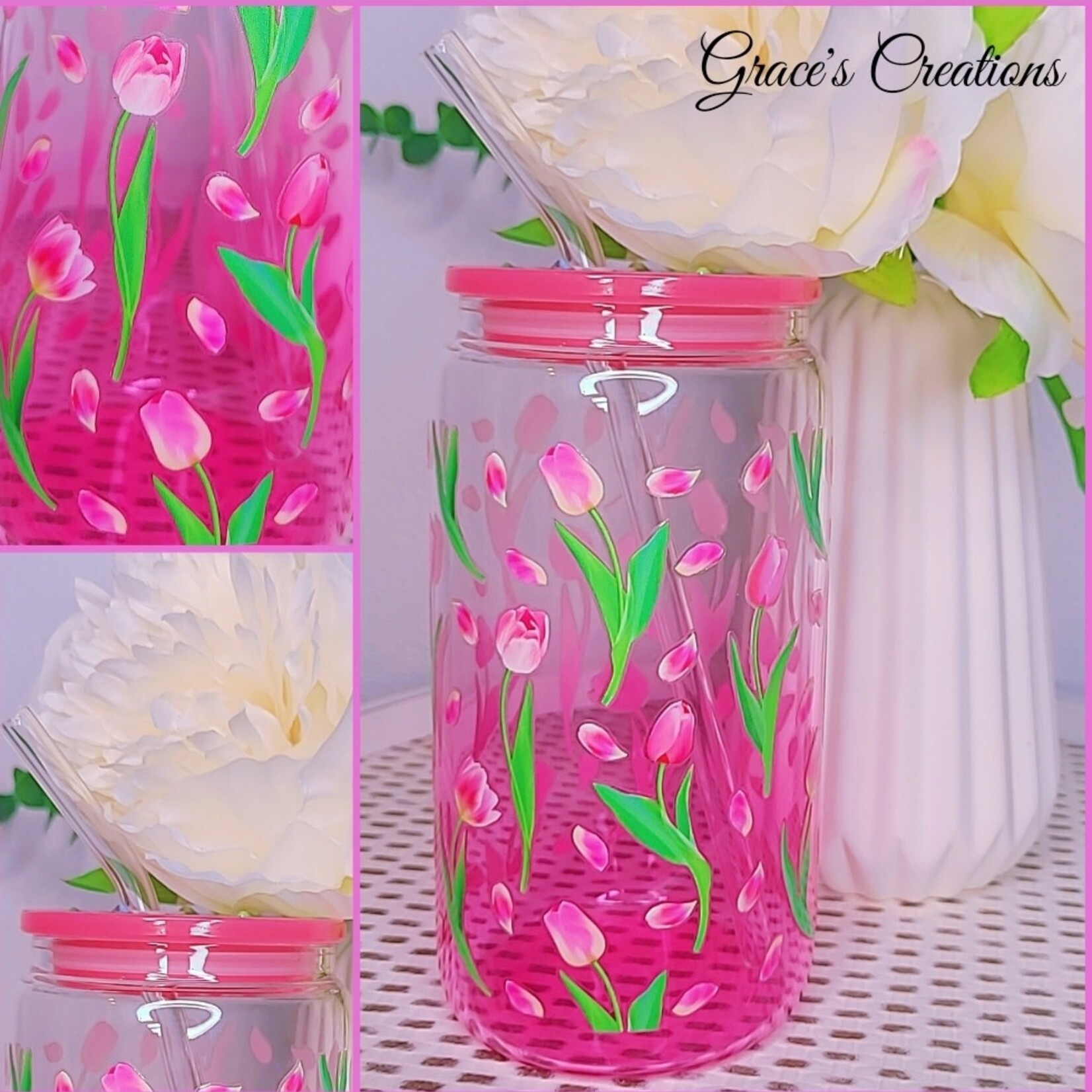 0212 | GRACE'S |  PINK GLASS CUP - Tulips