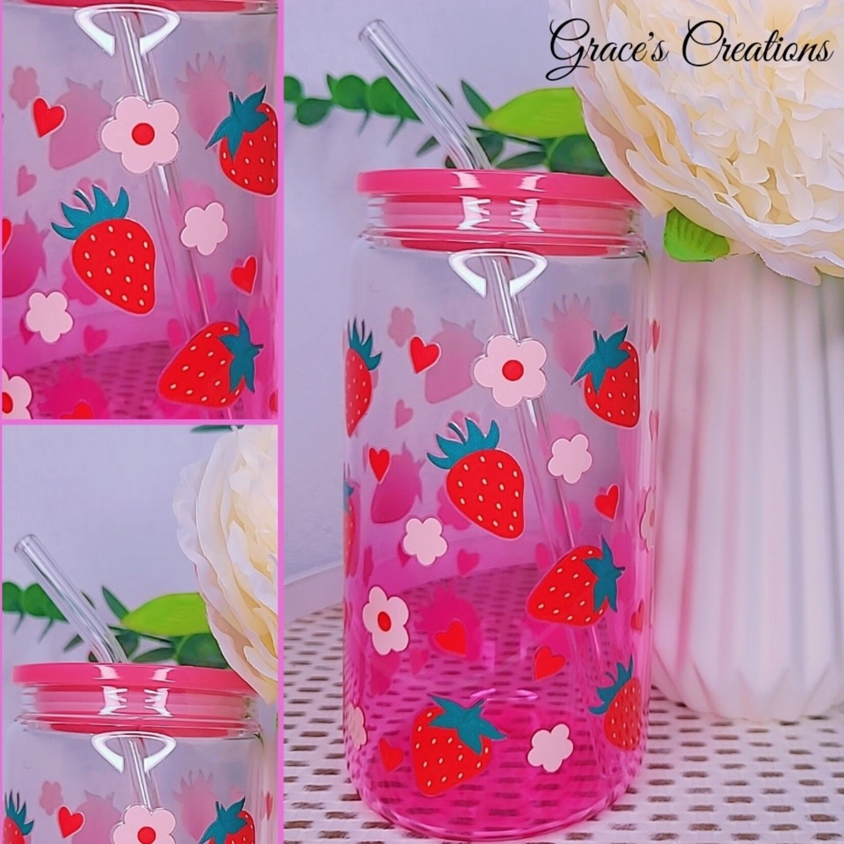 0212 | GRACE'S |  PINK GLASS CUP - Strawberriess / Flowers
